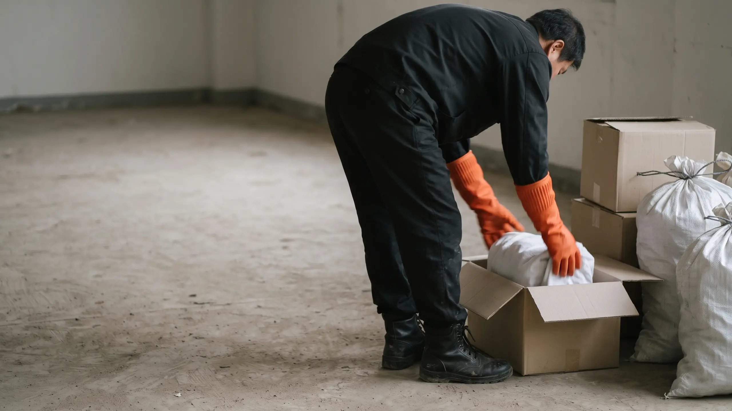 작업자가 허리를 숙여 천에 감싼 물건을 상자에 담는 모습